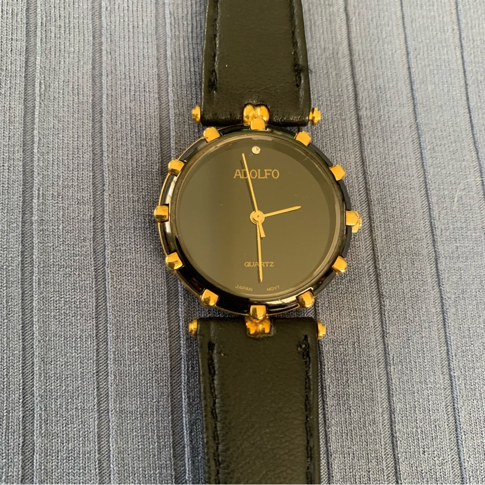 Adolfo Black n Gold Quartz Leather Watch